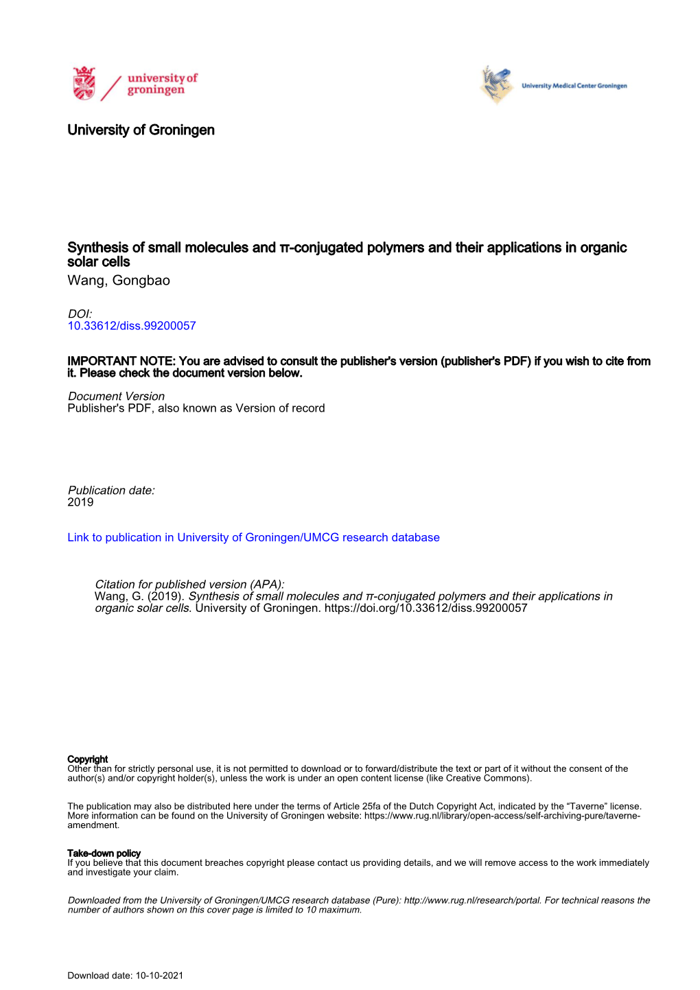 University of Groningen Synthesis of Small Molecules and Π-Conjugated