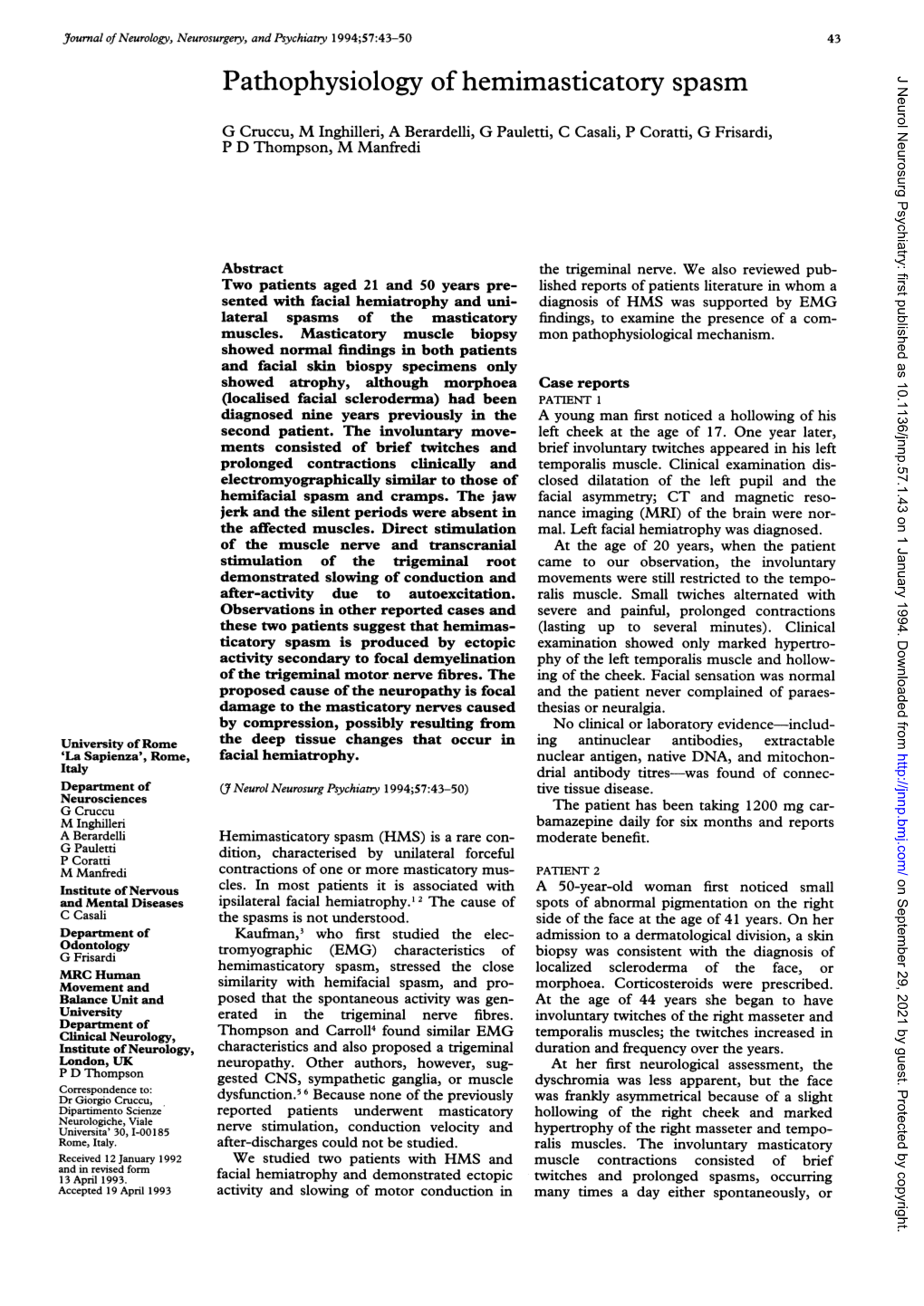 Pathophysiology Ofhemimasticatory Spasm 45