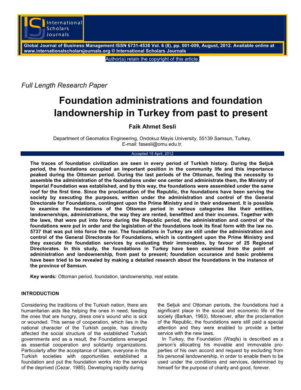 Foundation Administrations and Foundation Landownership in Turkey