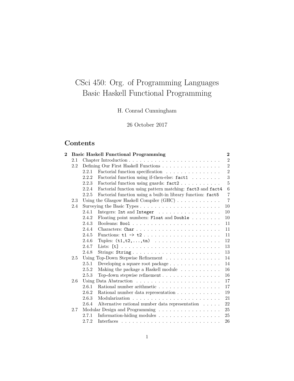 Csci 450: Org. of Programming Languages Basic Haskell Functional Programming