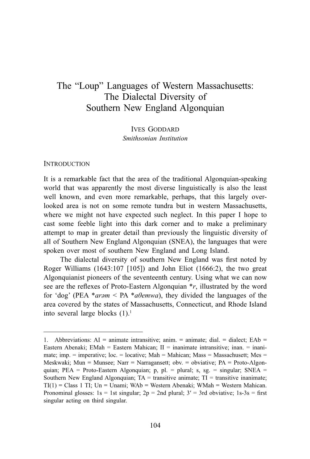 Loup” Languages of Western Massachusetts: the Dialectal Diversity of Southern New England Algonquian