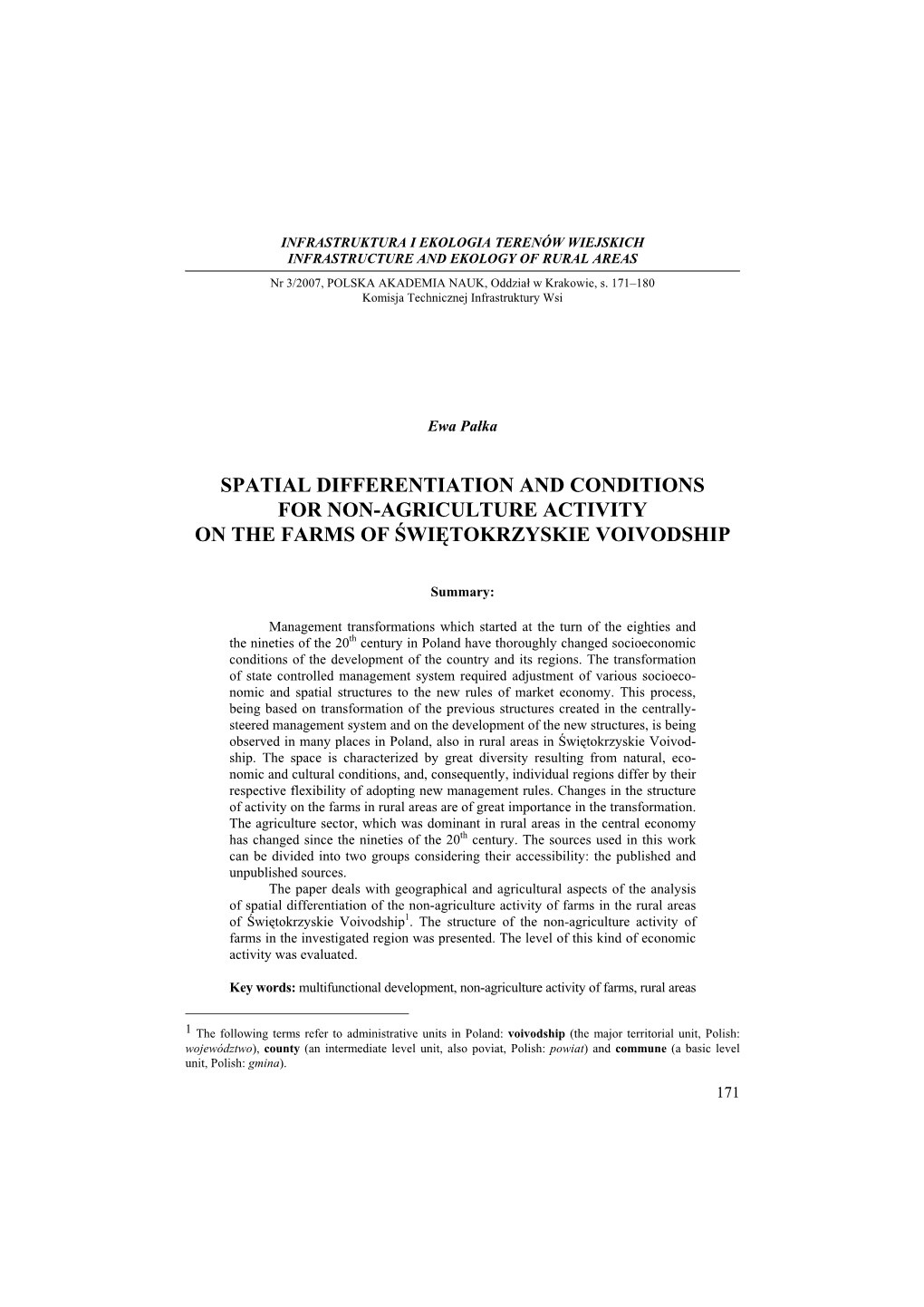 Spatial Differentiation and Conditions for Non-Agriculture Activity on the Farms of Świętokrzyskie Voivodship