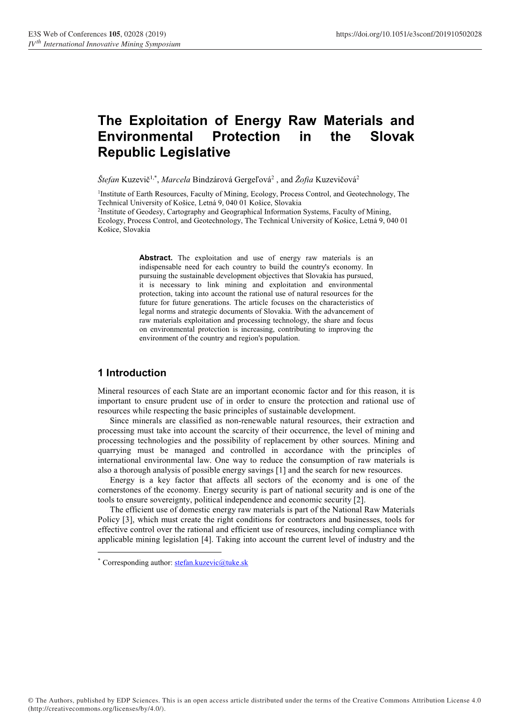 The Exploitation of Energy Raw Materials and Environmental Protection in the Slovak Republic Legislative