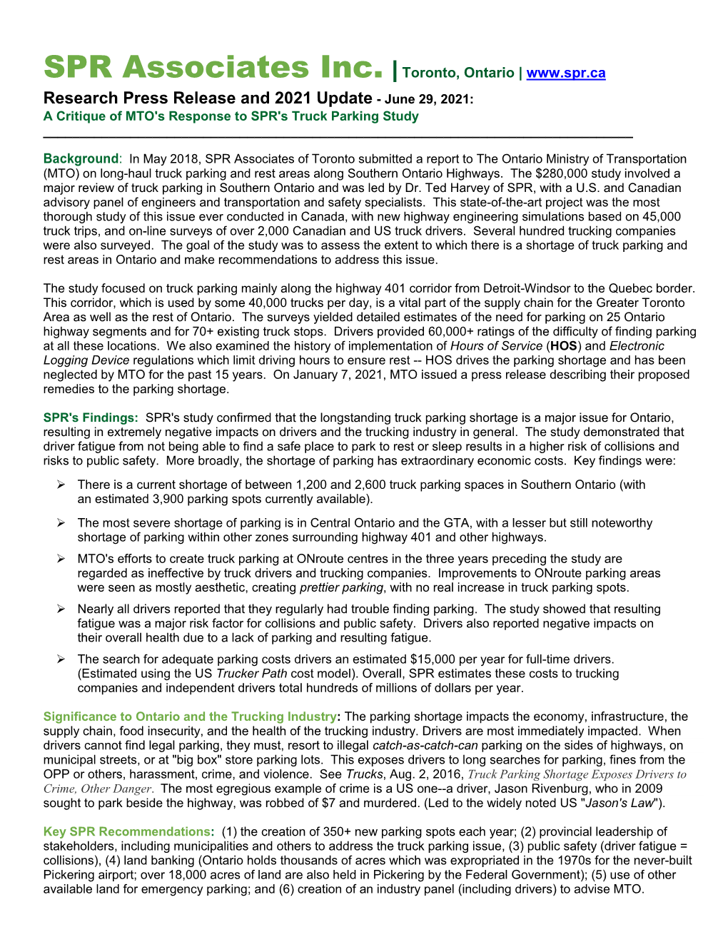 Toronto, Ontario | Research Press Release and 2021 Update - June 29, 2021: a Critique of MTO's Response to SPR's Truck Parking Study ______