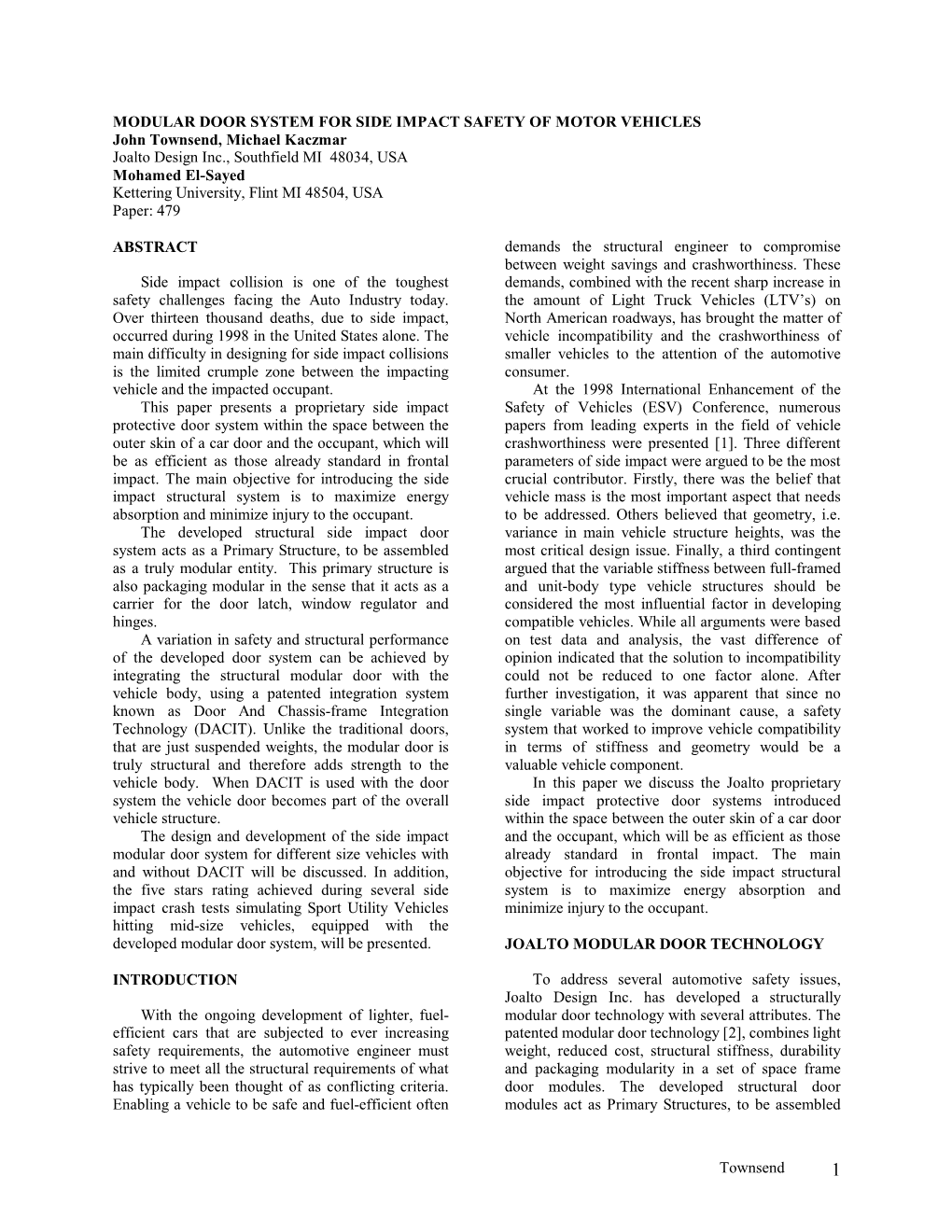 Modular Door System for Side Impact Safety of Motor Vehicles