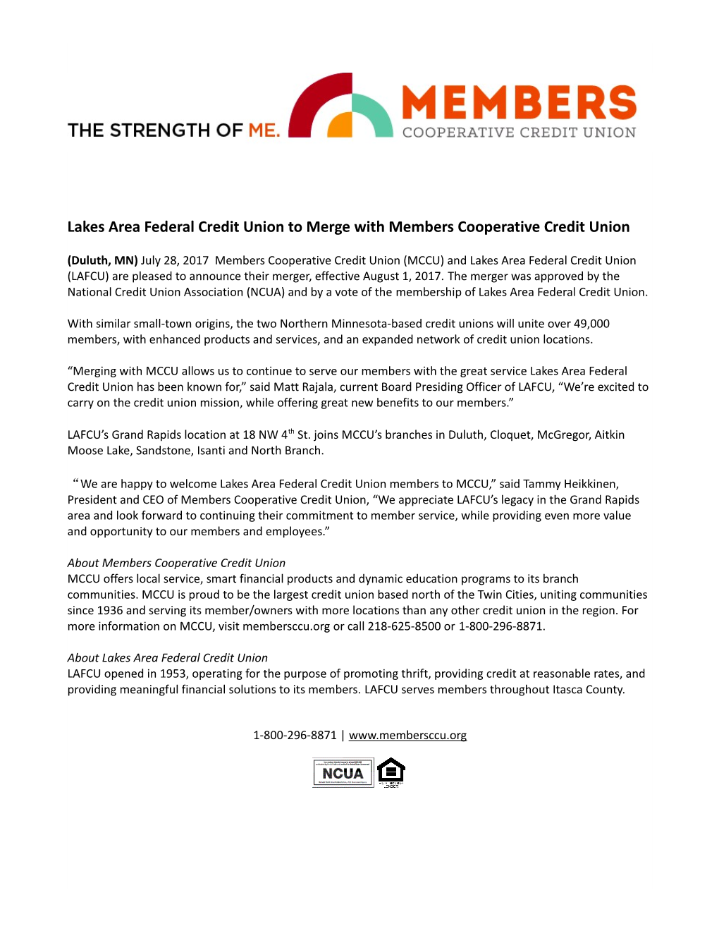 Lakes Area Federal Credit Union to Merge with Members Cooperative Credit Union