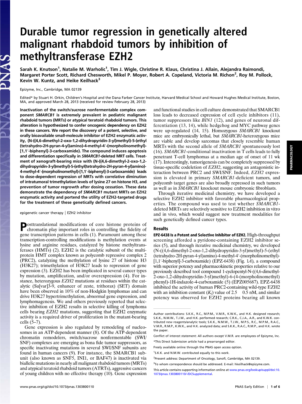 Durable Tumor Regression in Genetically Altered Malignant Rhabdoid Tumors by Inhibition of Methyltransferase EZH2