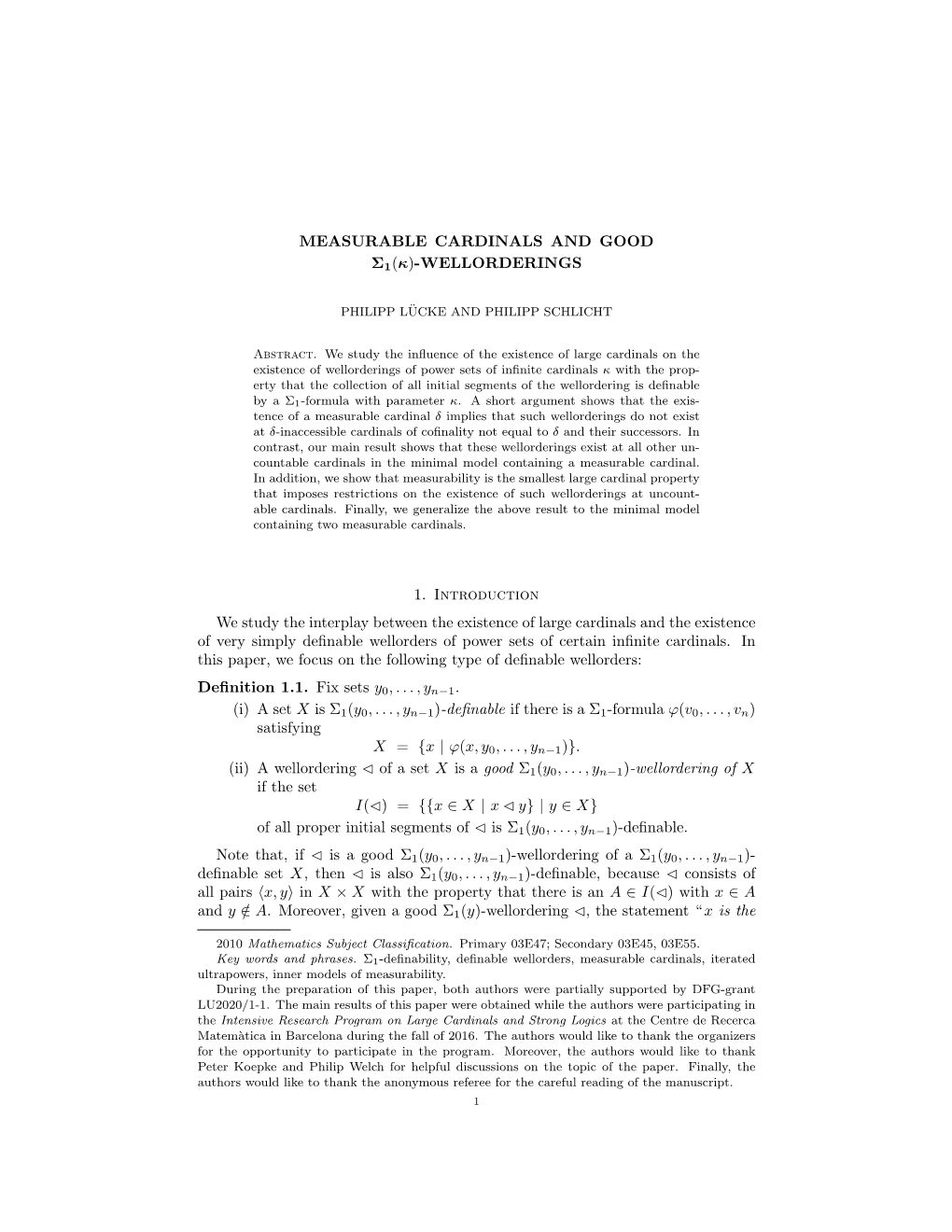 Measurable Cardinals and Good Σ1(Κ)-Wellorderings 3