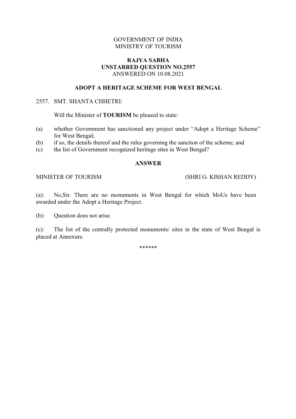 Government of India Ministry of Tourism Rajya Sabha Unstarred Question No.2557 Answered on 10.08.2021 Adopt a Heritage Scheme Fo