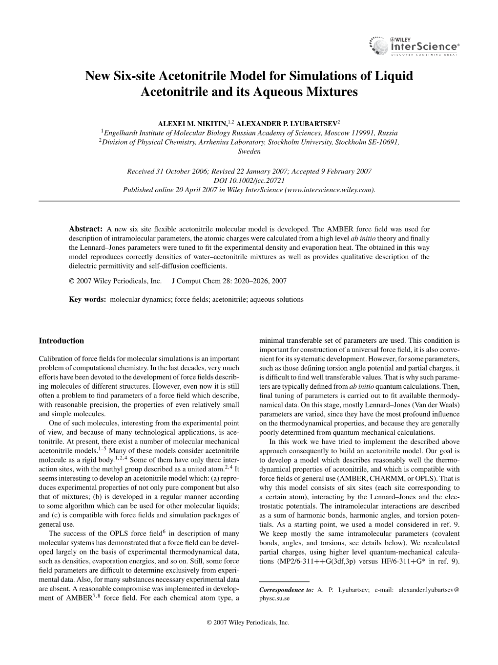 New Six-Site Acetonitrile Model for Simulations of Liquid Acetonitrile and Its Aqueous Mixtures