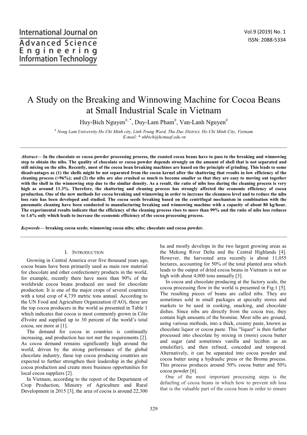 A Study on the Breaking and Winnowing Machine for Cocoa