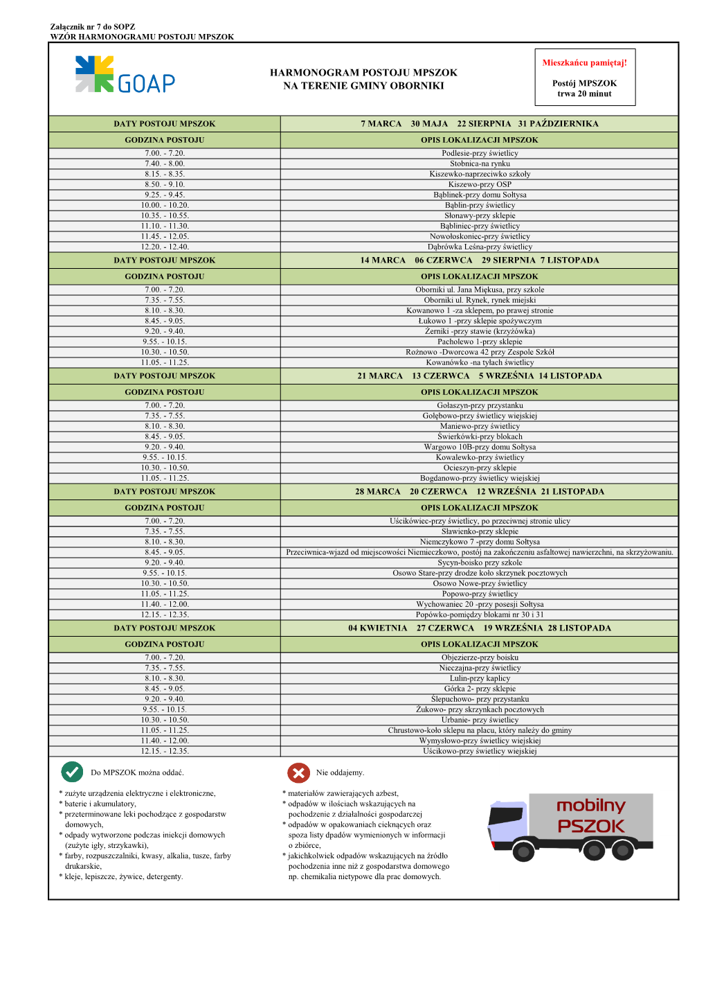 HARMONOGRAM POSTOJU MPSZOK NA TERENIE GMINY OBORNIKI Postój MPSZOK Trwa 20 Minut