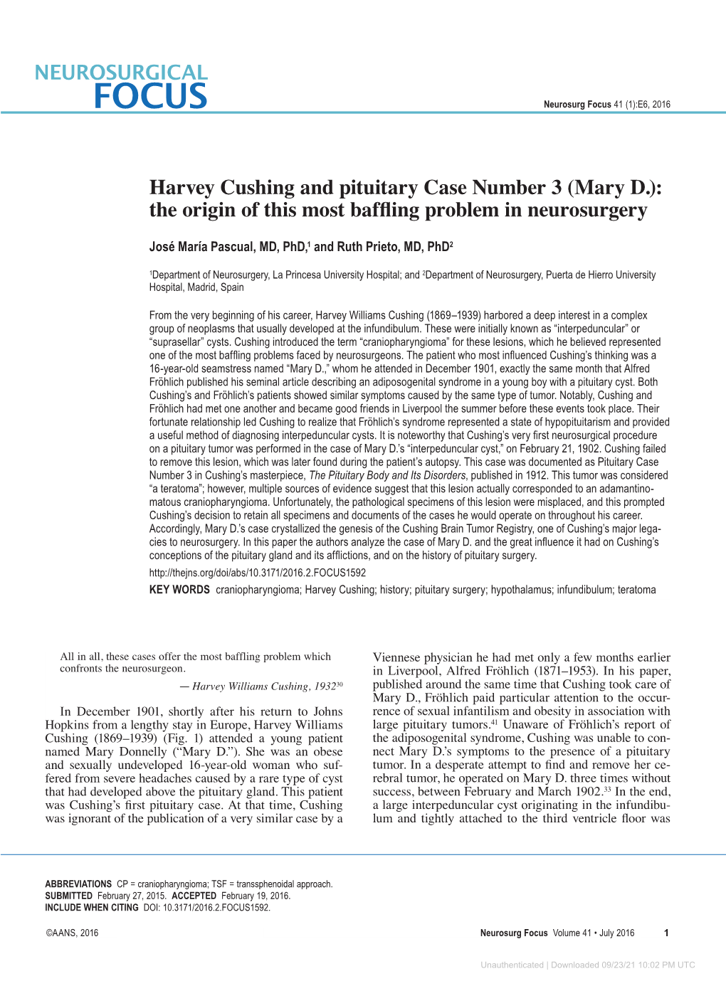 Harvey Cushing and Pituitary Case Number 3 (Mary D.): the Origin of This Most Baffling Problem in Neurosurgery