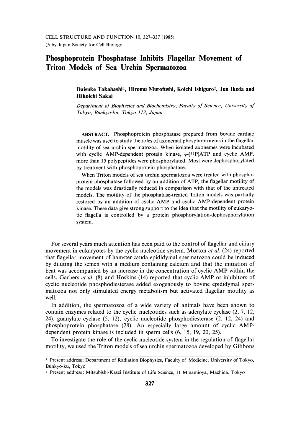 Phosphoprotein Phosphatase Inhibits Flagellar Movement of Triton Models of Sea Urchin Spermatozoa