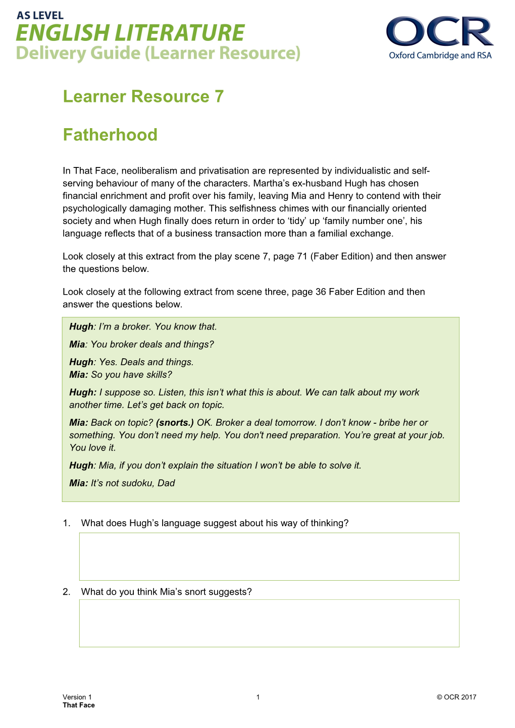 OCR AS Level English Literature Digital Resource 7 - Fatherhood