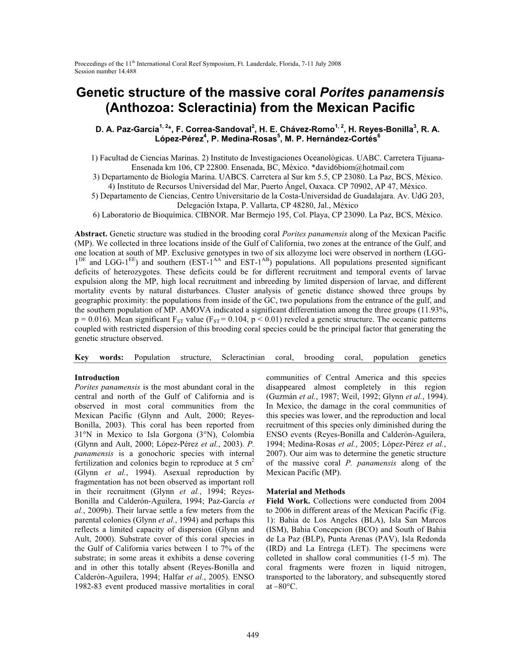 Genetic Structure of the Massive Coral Porites Panamensis (Anthozoa: Scleractinia) from the Mexican Pacific