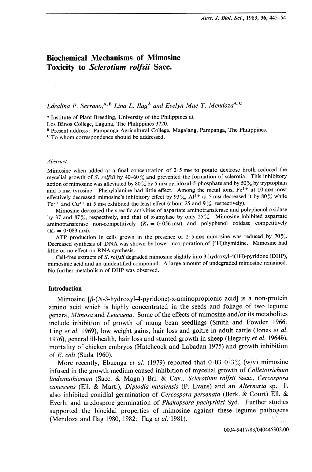 Biochemical Mechanisms of Mimosine Toxicity to Sclerotium Rolfsii Sacco