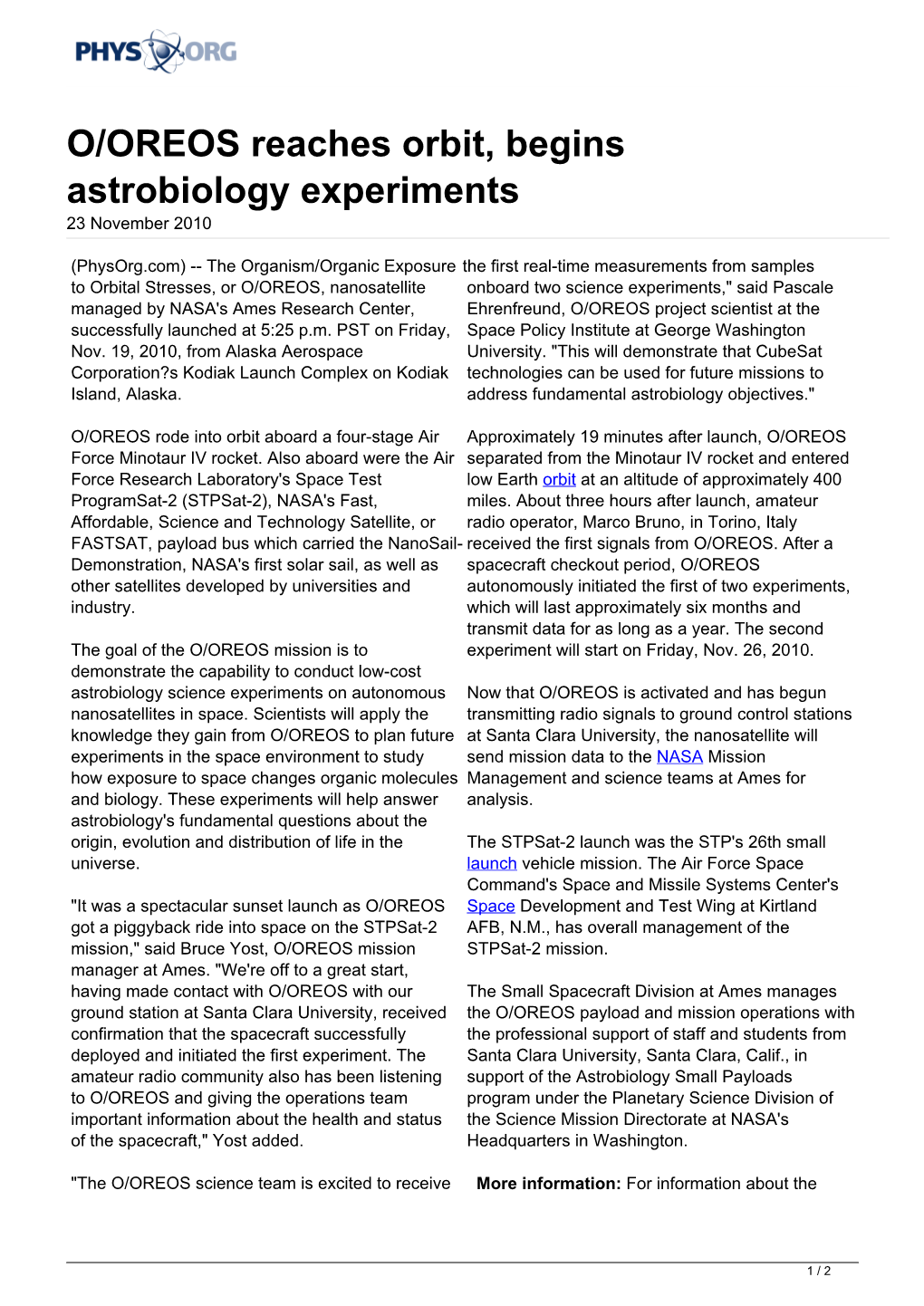 O/OREOS Reaches Orbit, Begins Astrobiology Experiments 23 November 2010