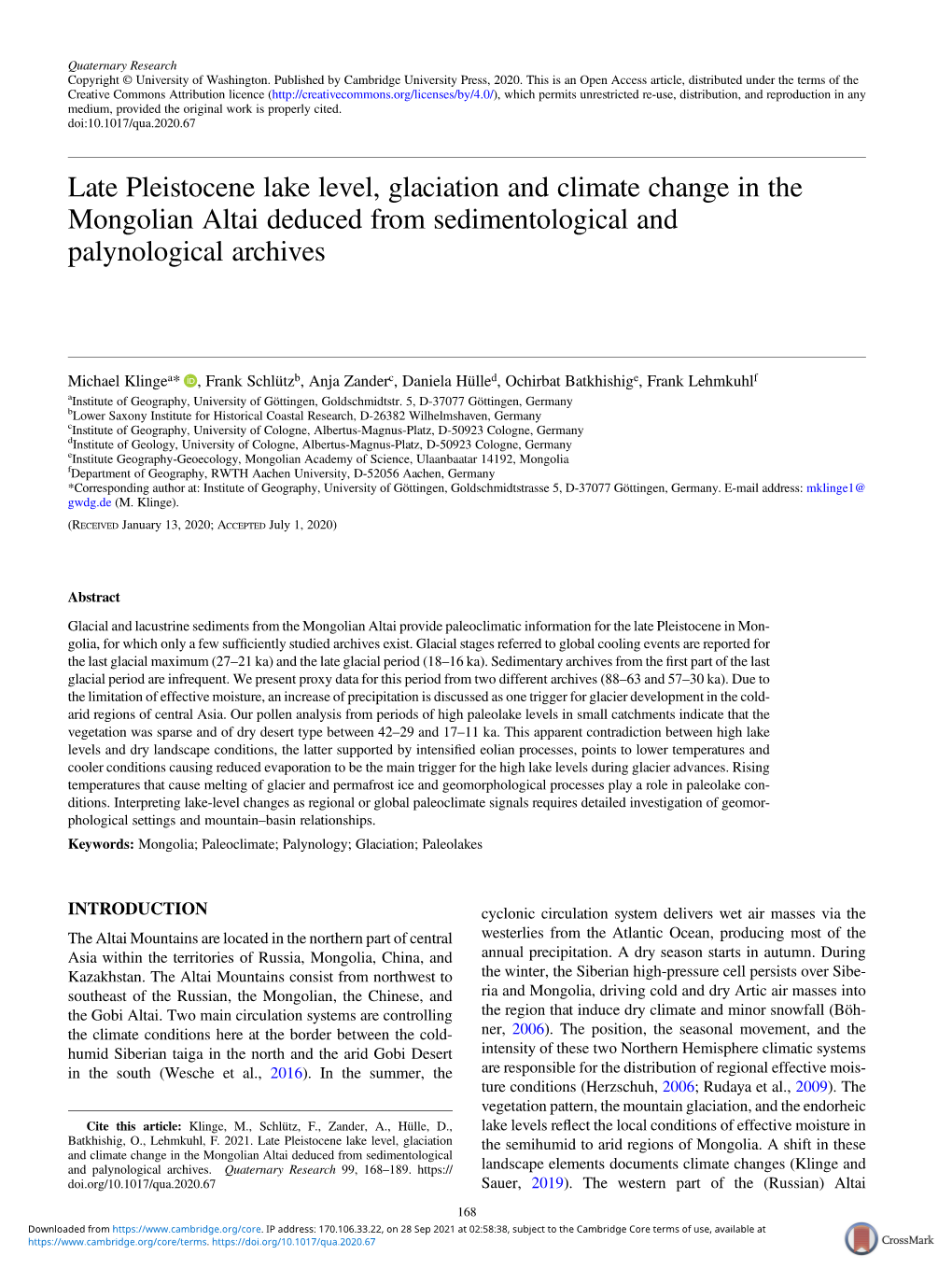 Late Pleistocene Lake Level, Glaciation and Climate Change in the Mongolian Altai Deduced from Sedimentological and Palynological Archives