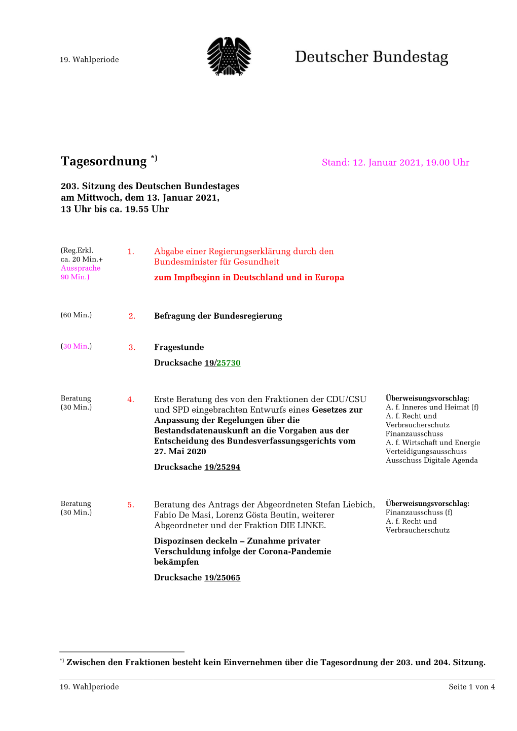 Amtliche Tagesordnung Der 203. Sitzung Des 19