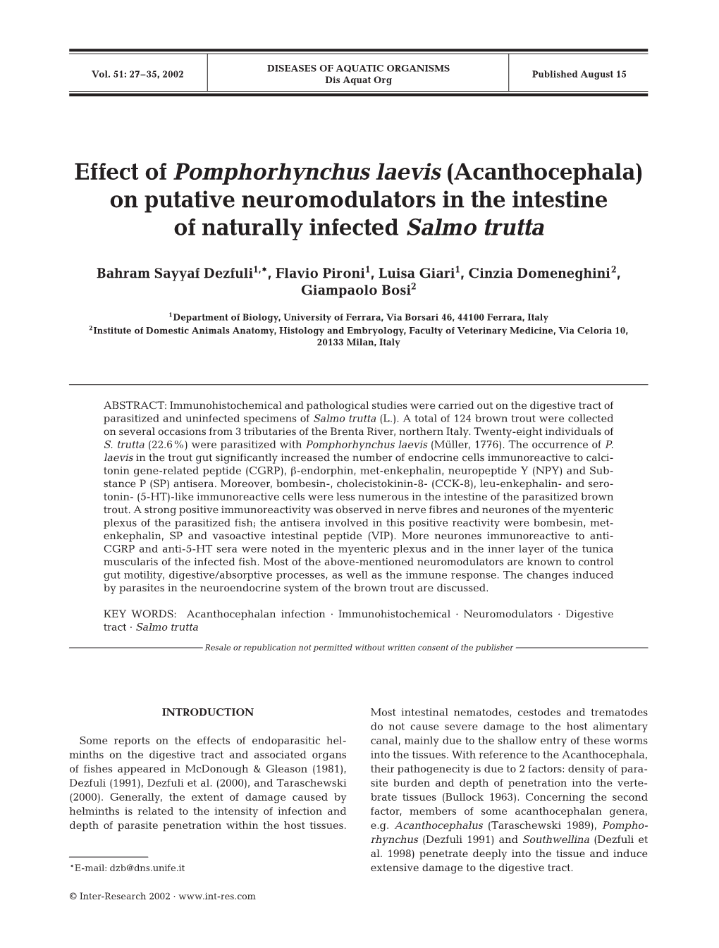 Effect of Pomphorhynchus Laevis (Acanthocephala) on Putative Neuromodulators in the Intestine of Naturally Infected Salmo Trutta