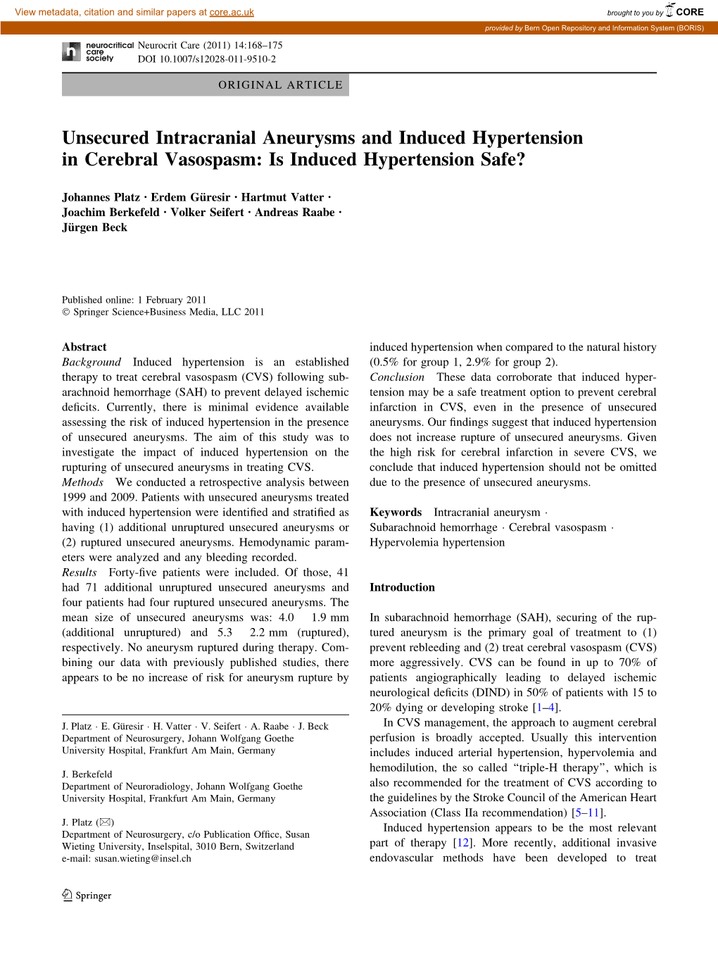 Unsecured Intracranial Aneurysms and Induced Hypertension in Cerebral Vasospasm: Is Induced Hypertension Safe?