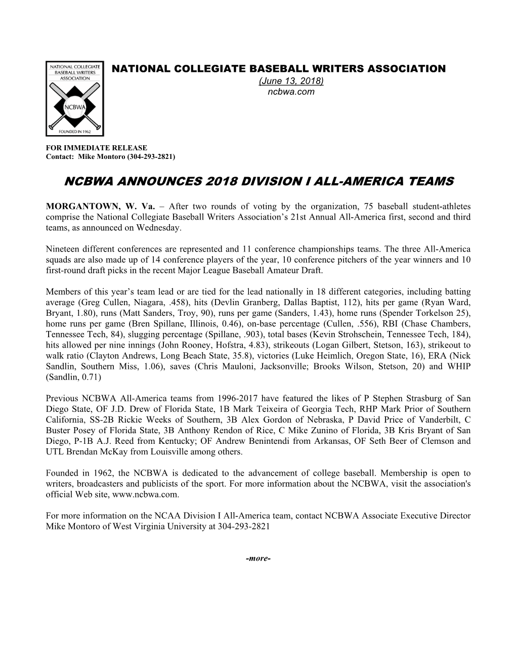 Ncbwa Announces 2018 Division I All-America Teams