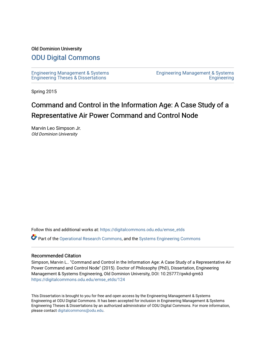 Command and Control in the Information Age: a Case Study of a Representative Air Power Command and Control Node