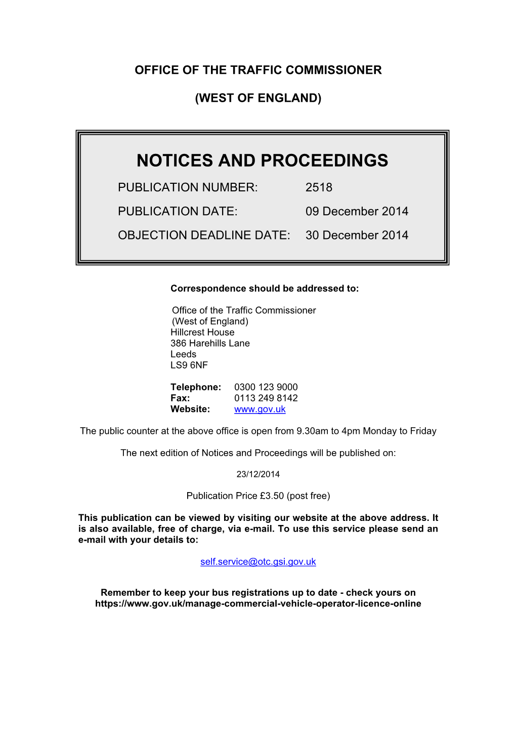 Notices and Proceedings: West of England: 9 December 2014