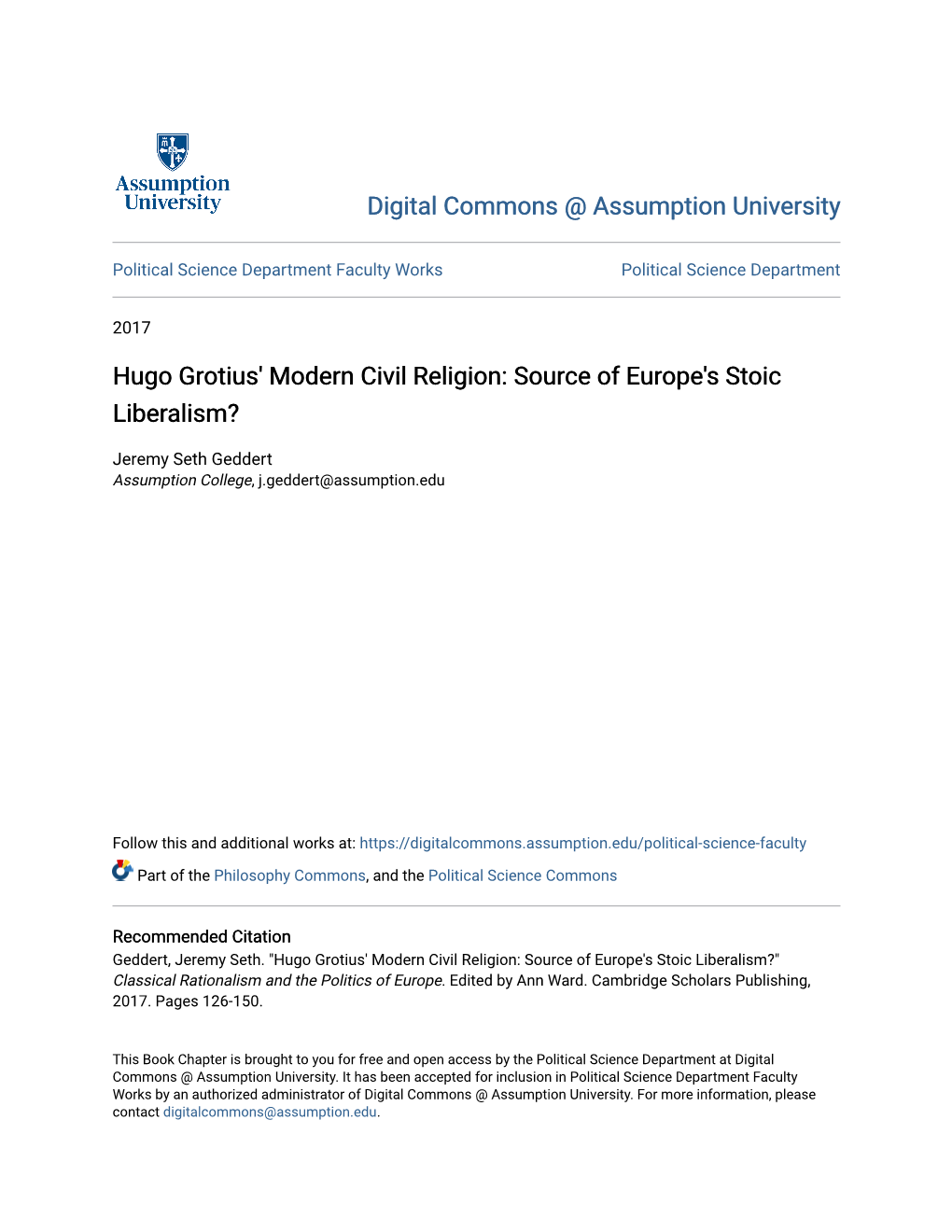 Hugo Grotius' Modern Civil Religion: Source of Europe's Stoic Liberalism?