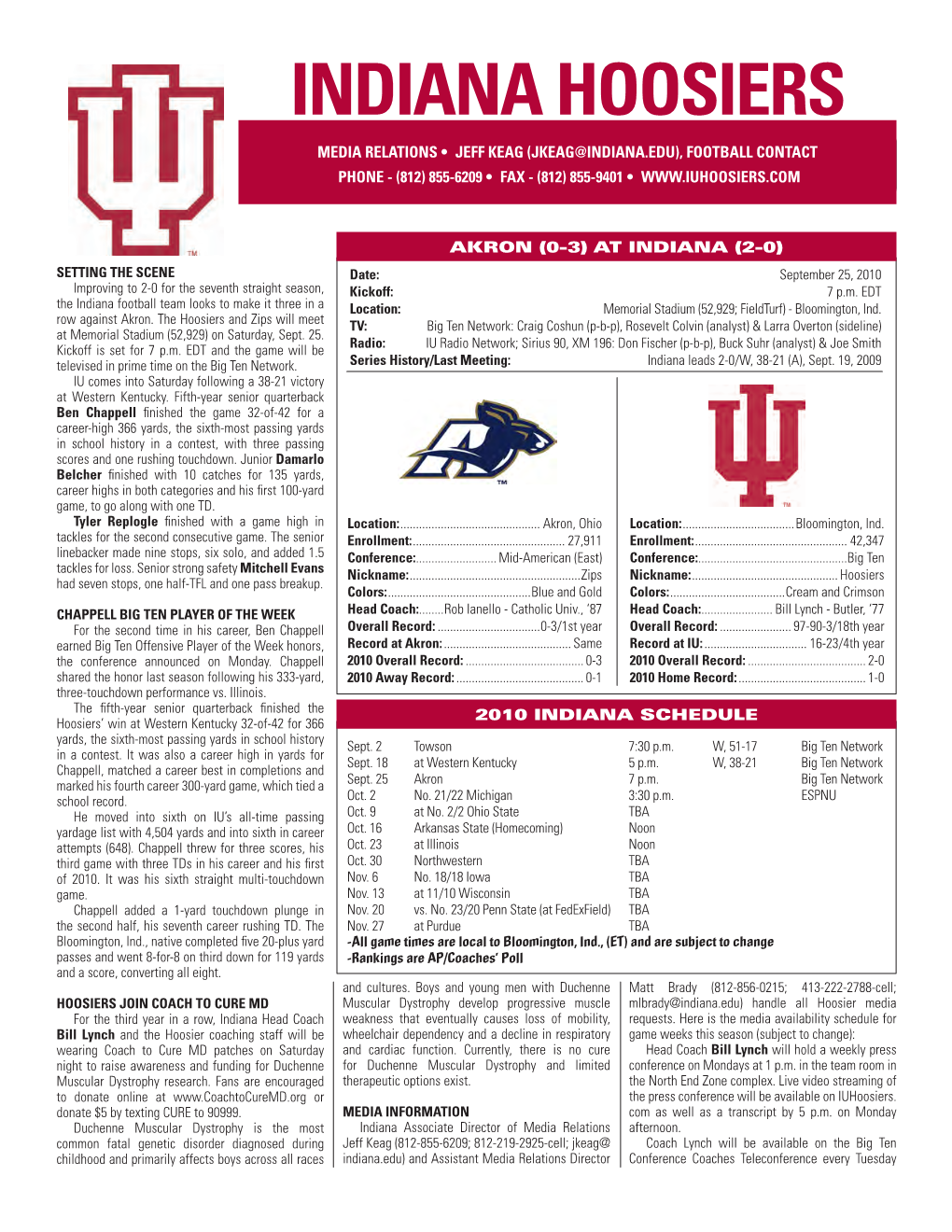 Indiana Hoosiers Media Relations • Jeff Keag (Jkeag@Indiana.Edu), Football Contact Phone - (812) 855-6209 • Fax - (812) 855-9401 •