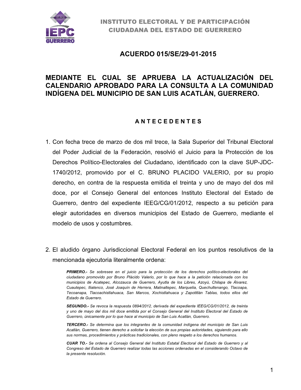 Acuerdo 015/Se/29-01-2015 Mediante El Cual Se