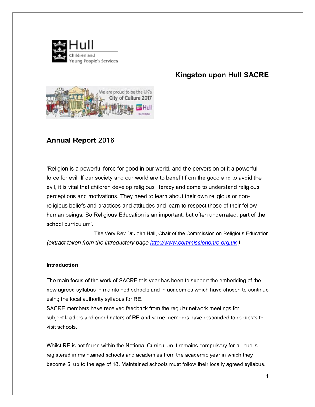 Kingston Upon Hull SACRE Annual Report 2016