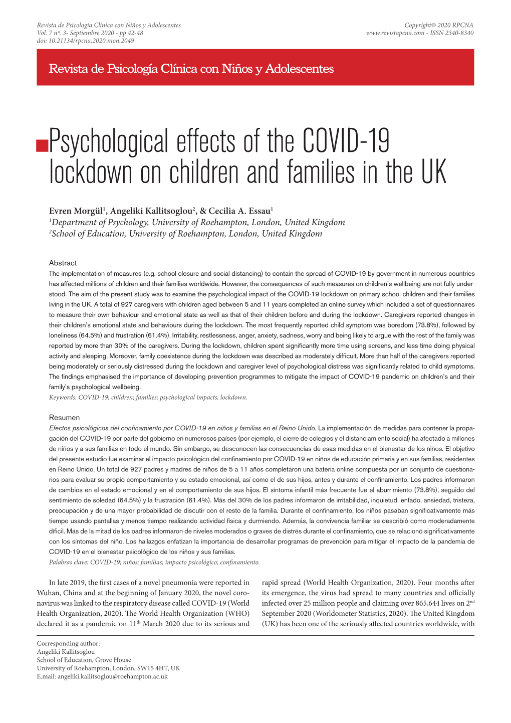 Psychological Effects of the COVID-19 Lockdown on Children and Families in the UK