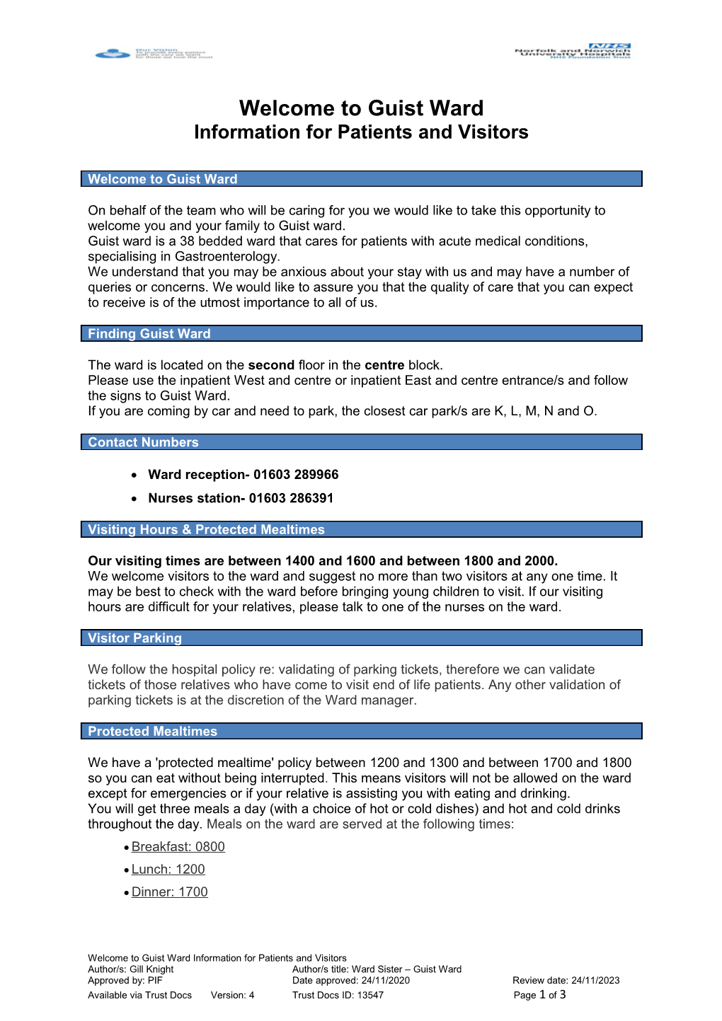 Welcome to Guist Ward Information for Patients and Visitors