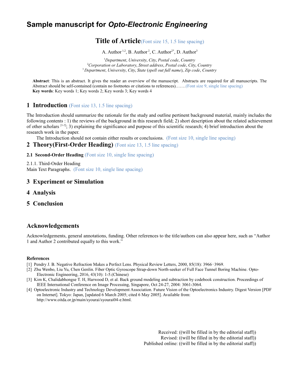 Sample Manuscript for Opto-Electronic Engineering