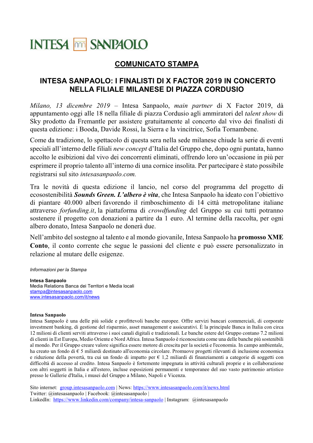 Comunicato Stampa Intesa Sanpaolo Concerto Finalisti X Factor Cordusio