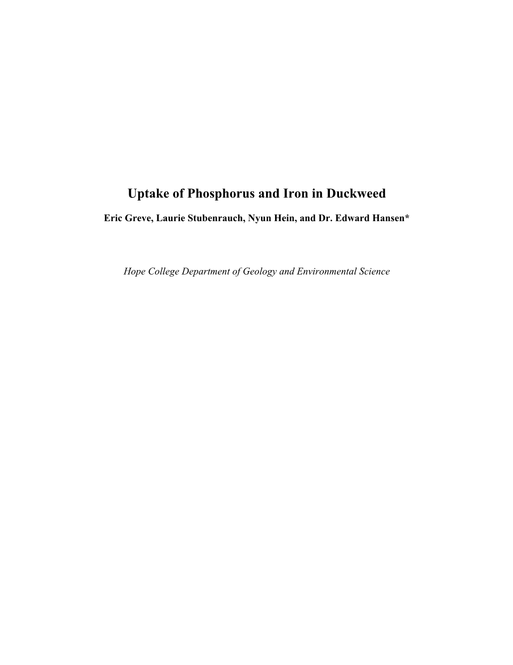 Uptake of Phosphorus and Iron in Duckweed