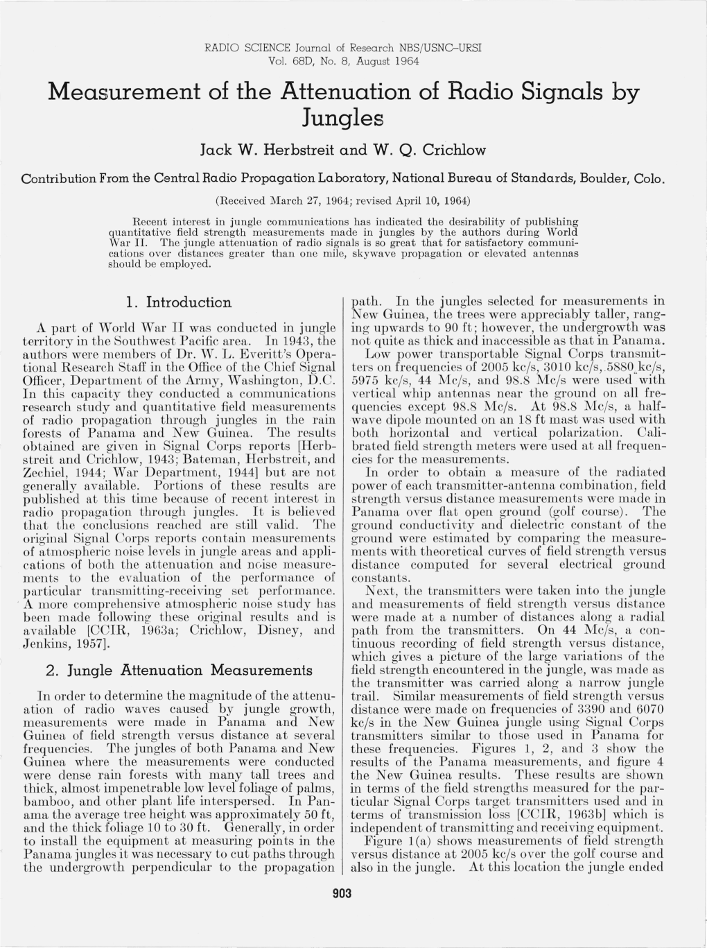 Measurement of the Attenuation of Radio Signals by Jungles Jack W