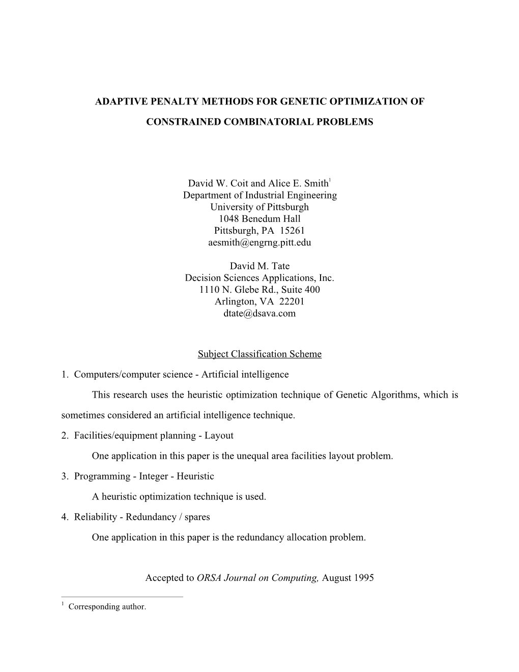 Adaptive Penalty Methods for Genetic Optimization of Constrained Combinatorial Problems