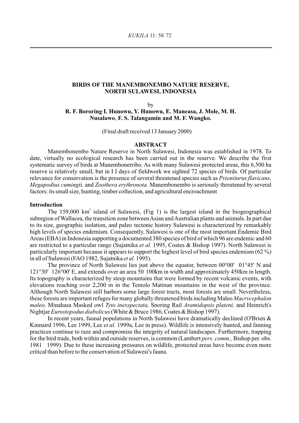 58 72 BIRDS of the MANEMBONEMBO NATURE RESERVE, NORTH SULAWESI, INDONESIA by RF Bororing I. Hunowu, Y. Hunowu, E