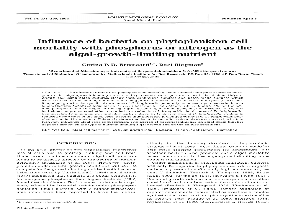 Influence of Bacteria on Phytoplankton Cell Mortality with Phosphorus Or Nitrogen As the Algal-Growth-Limiting Nutrient