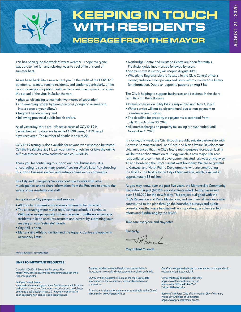 Keeping in Touch with Residents Message from the Mayor August 21 - 2020 August