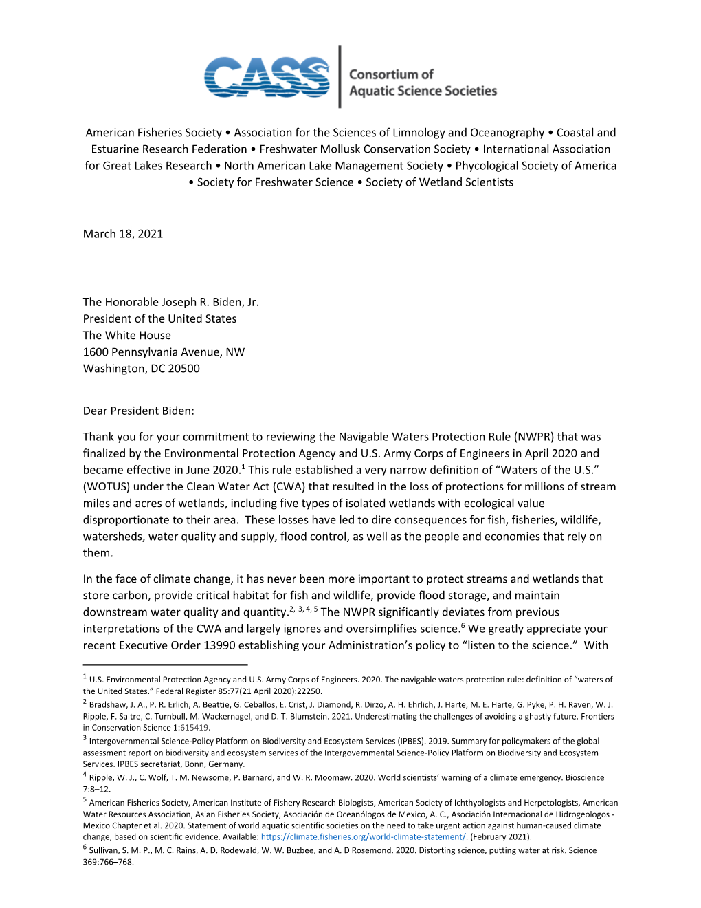 CASS Letter to President Biden on Review of the Navigable Waters