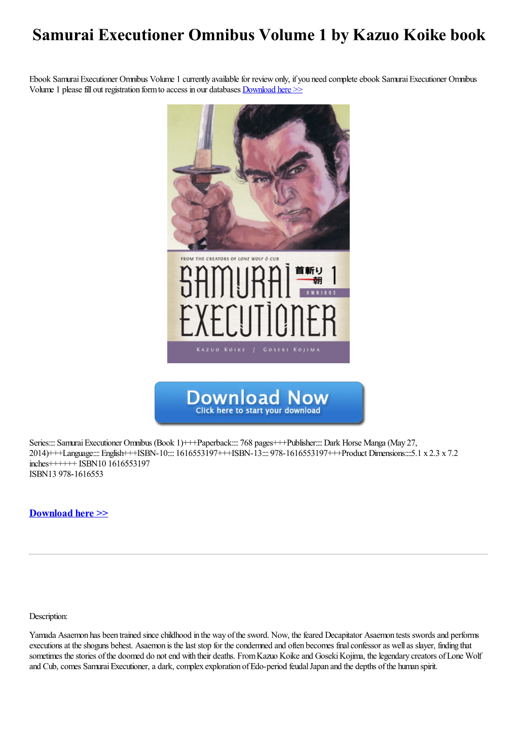 Samurai Executioner Omnibus Volume 1 by Kazuo Koike Book