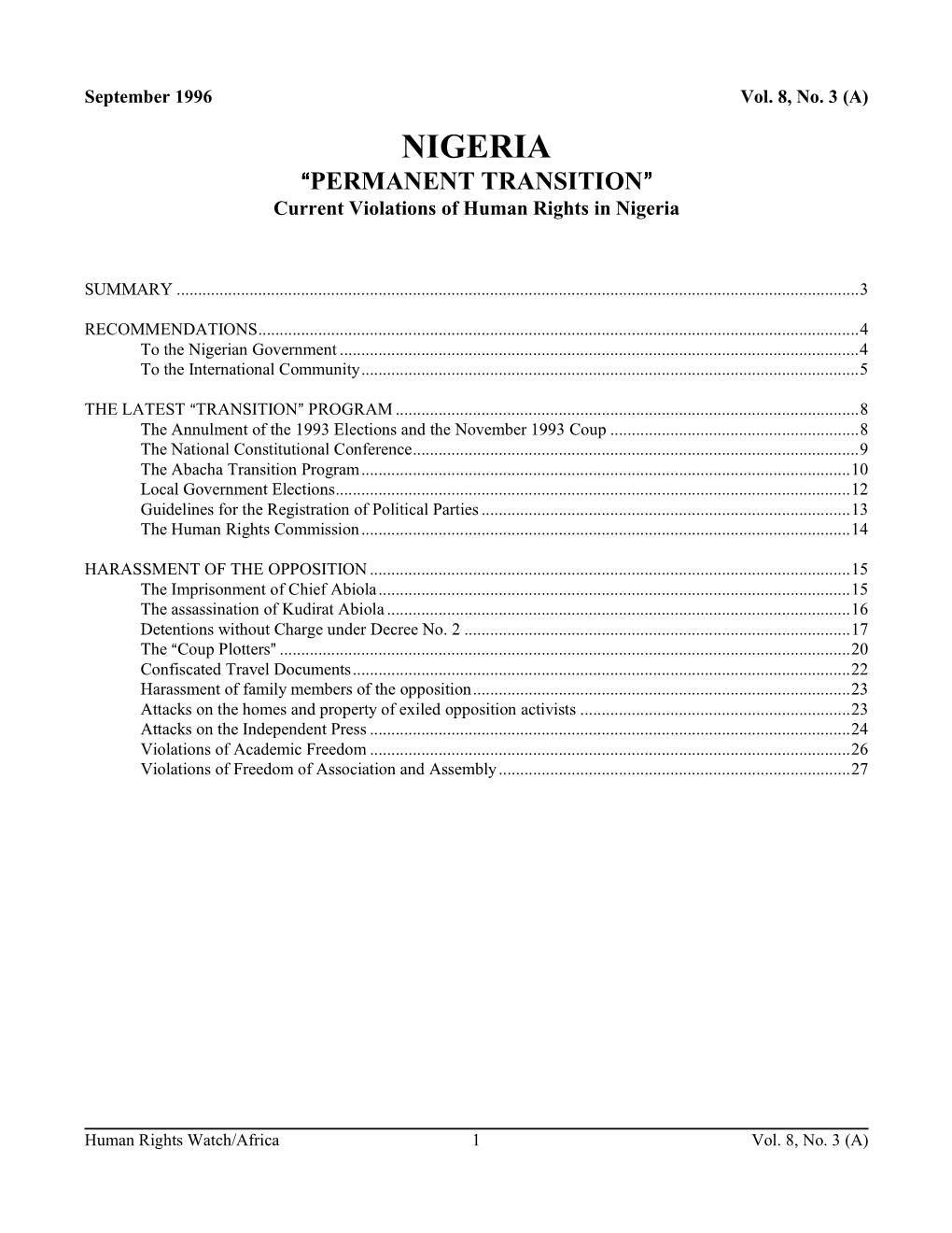 NIGERIA AAAPERMANENT TRANSITION@@@ Current Violations of Human Rights in Nigeria