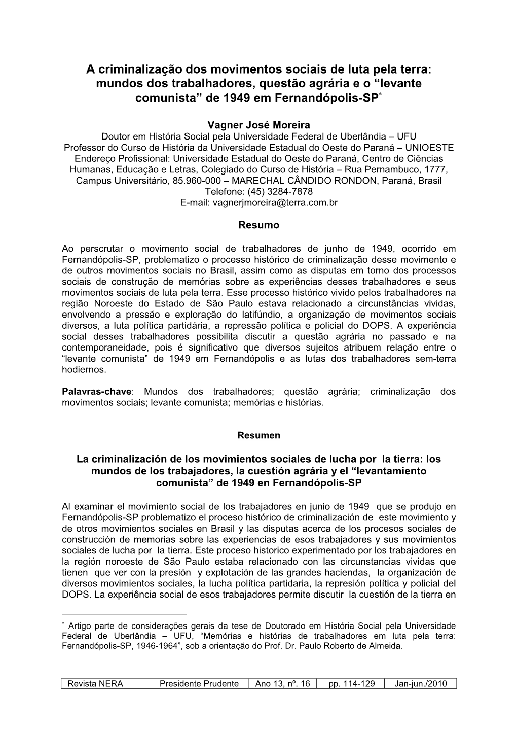 Mundos Dos Trabalhadores, Questão Agrária E O “Levante Comunista” De 1949 Em Fernandópolis-SP ∗