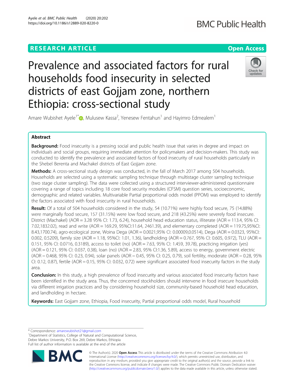 Prevalence and Associated Factors for Rural Households Food Insecurity In