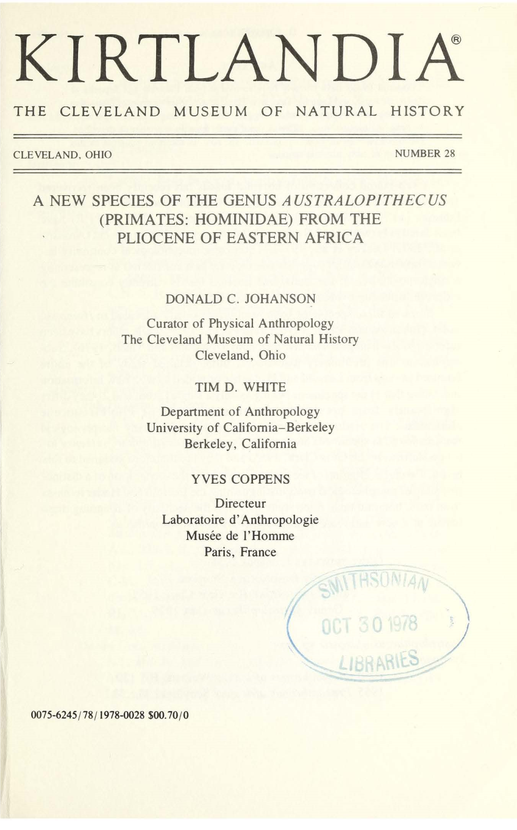 A New Species of the Genus Australopithecus (Primates: Hominidae) from the ' Pliocene of Eastern Africa