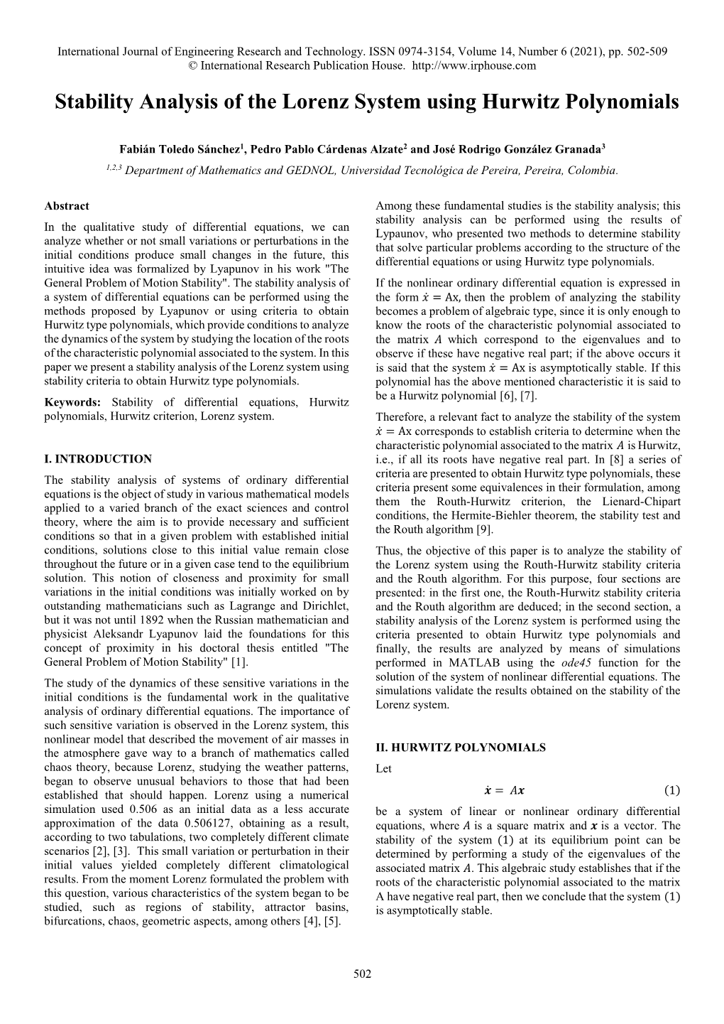 Stability Analysis of the Lorenz System Using Hurwitz Polynomials